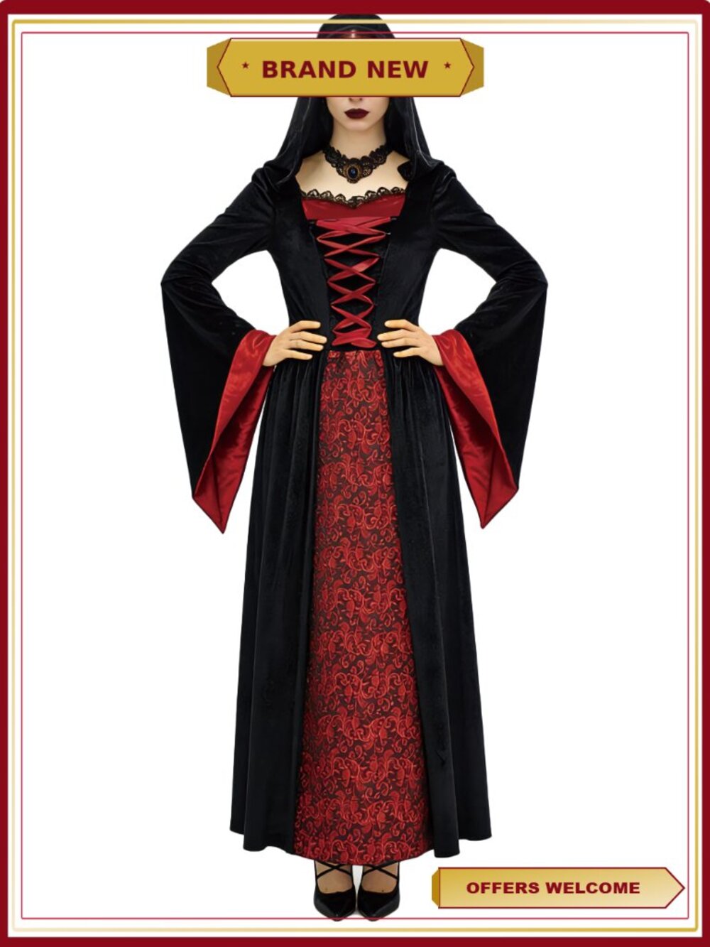 Gothic Vampire Costume with Hooded Cape and Lace Up Bodice